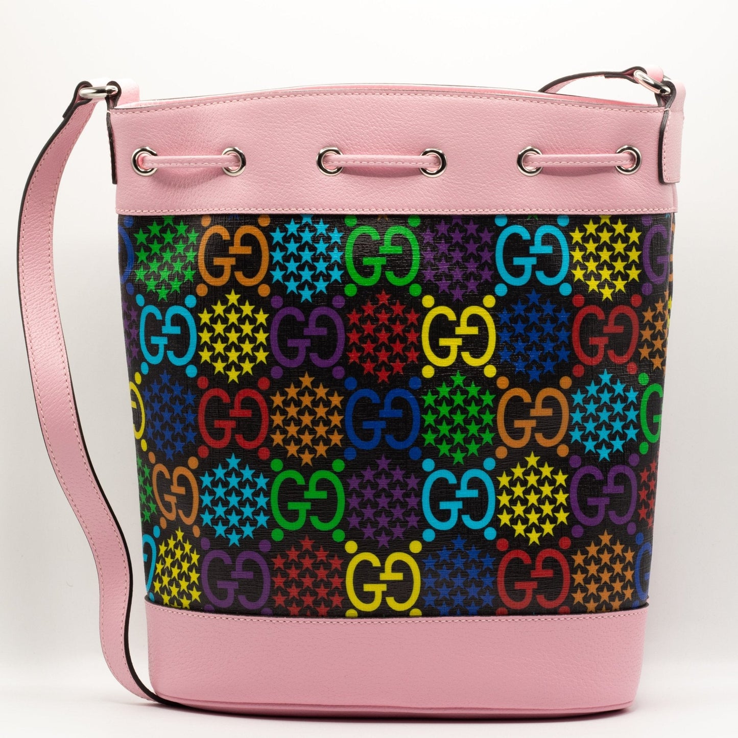 Second hand Gucci GG Supreme Monogram Psychedelic Bucket Bag Pink - Tabita Bags