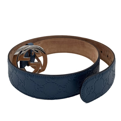 Second hand Gucci Guccissima Interlocking Belt Embossed Blue 90 /36 - Tabita Bags