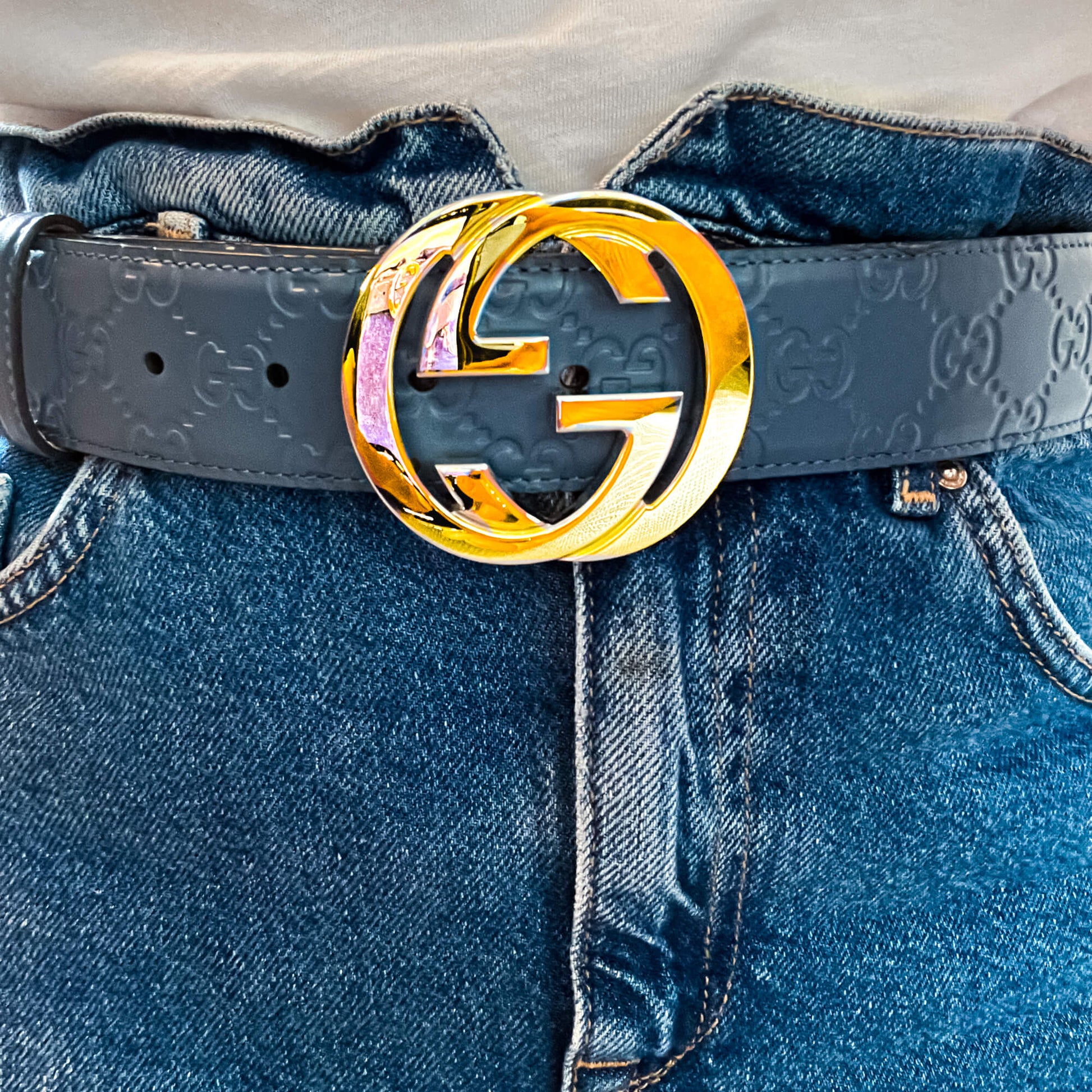 Second hand Gucci Guccissima Interlocking Belt Embossed Blue 90 /36 - Tabita Bags