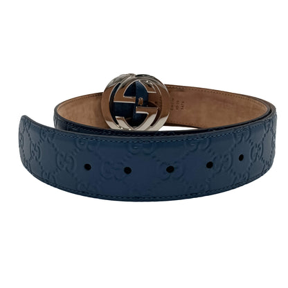 Second hand Gucci Guccissima Interlocking Belt Embossed Blue 90 /36 - Tabita Bags