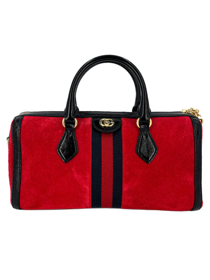 Second hand Gucci Ophidia Boston Medium Suede 2-Ways Trunk Bag Red - Tabita Bags