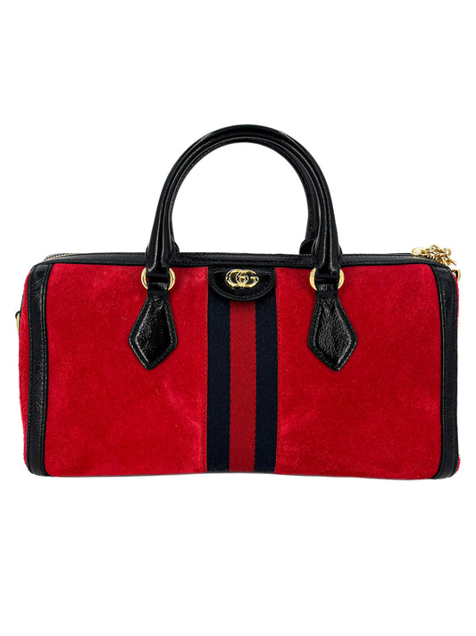 Second hand Gucci Ophidia Boston Medium Suede 2-Ways Trunk Bag Red - Tabita Bags