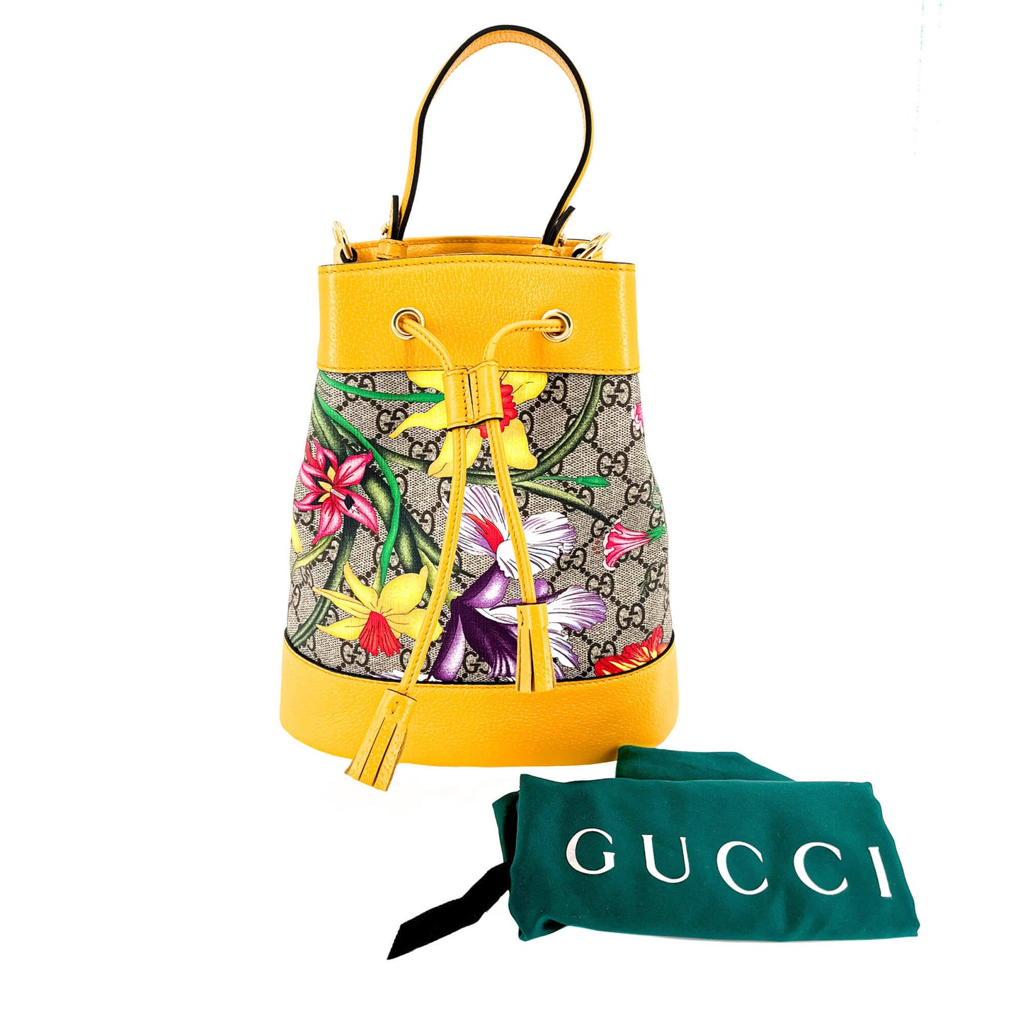 Second hand Gucci Ophidia GG Flora Small Yellow Limited Edition Bucket Bag - Tabita Bags