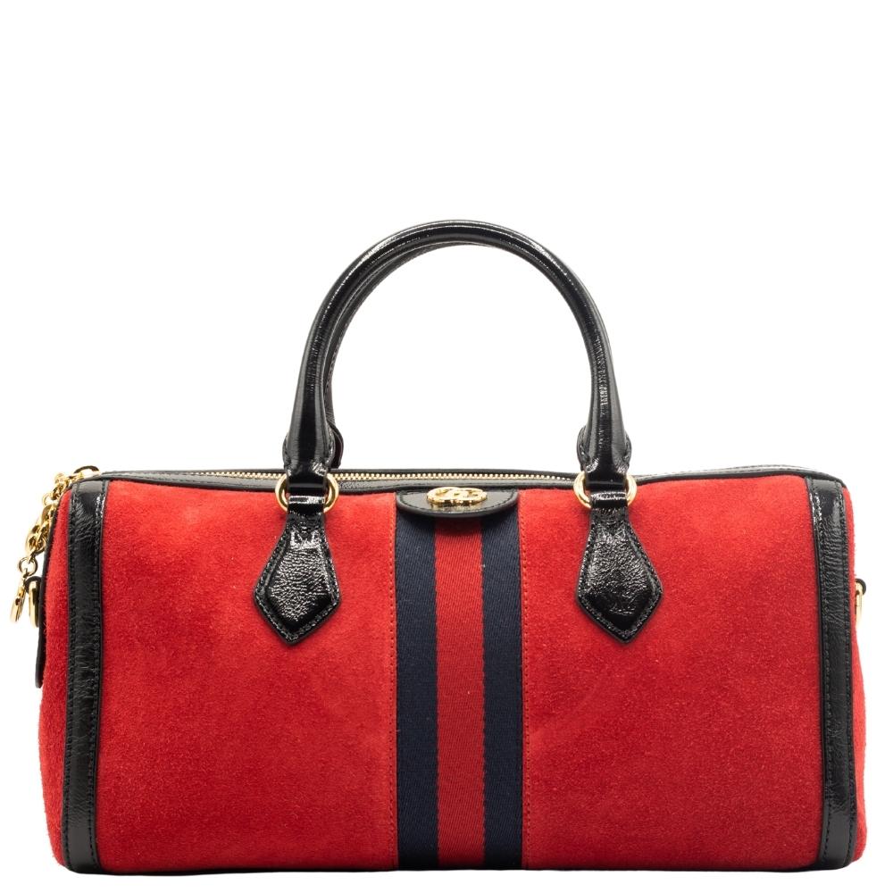 Second hand Gucci Ophidia Medium Suede Top Handle Boston Bag Red - Tabita Bags