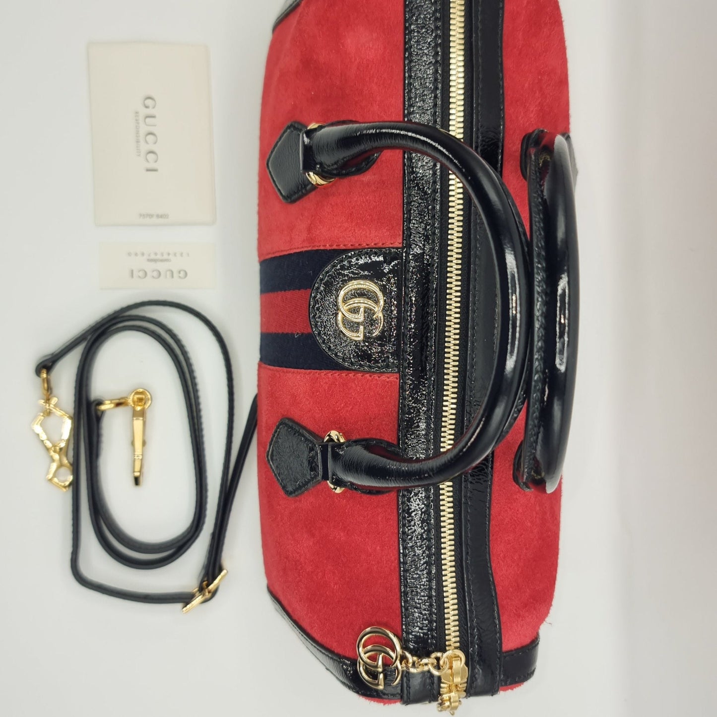 Second hand Gucci Ophidia Medium Suede Top Handle Boston Bag Red - Tabita Bags