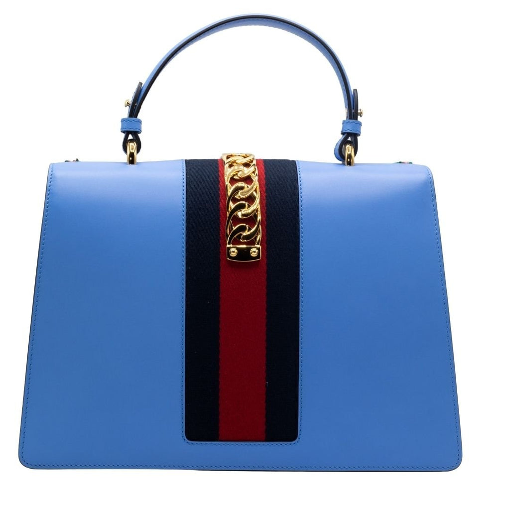 Second hand Gucci Sylvie Top Handle Bag Blue Leather Floral Embroidered Medium - Tabita Bags