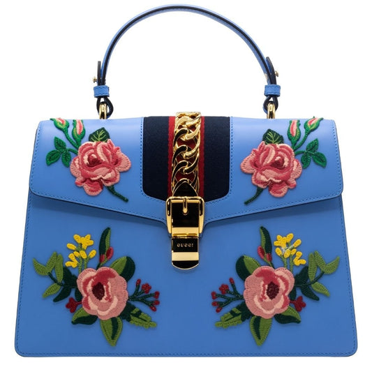 Second hand Gucci Sylvie Top Handle Bag Blue Leather Floral Embroidered Medium - Tabita Bags