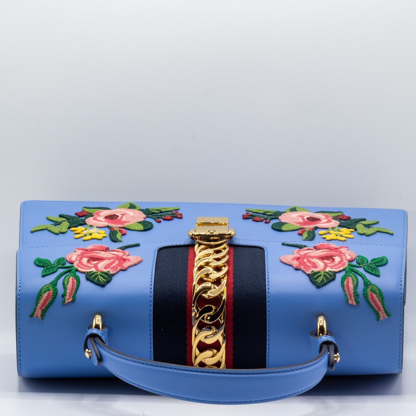 Second hand Gucci Sylvie Top Handle Bag Blue Leather Floral Embroidered Medium - Tabita Bags