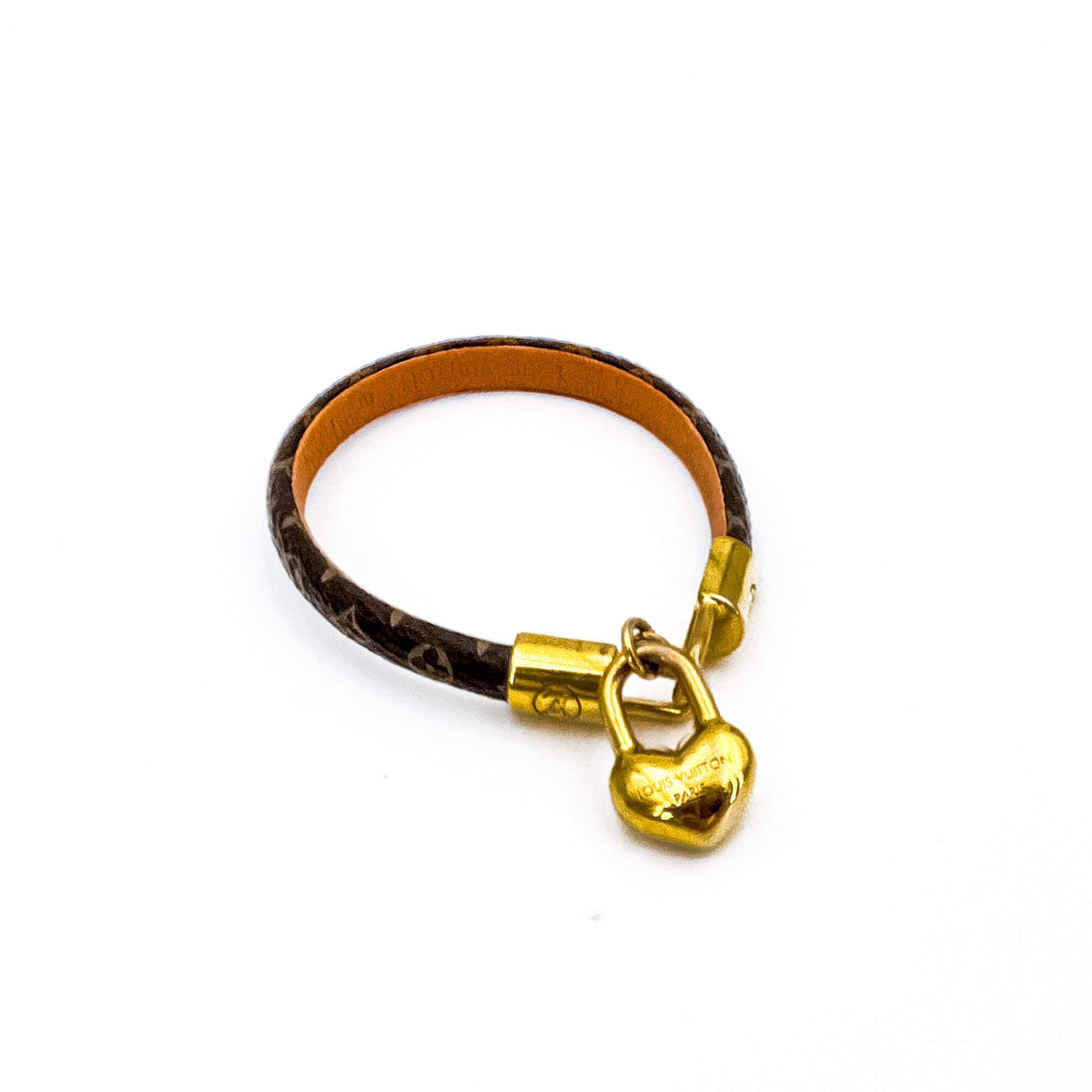 Authentic Louis Vuitton Brown Leather Heart Padlock Bracelet 17cm