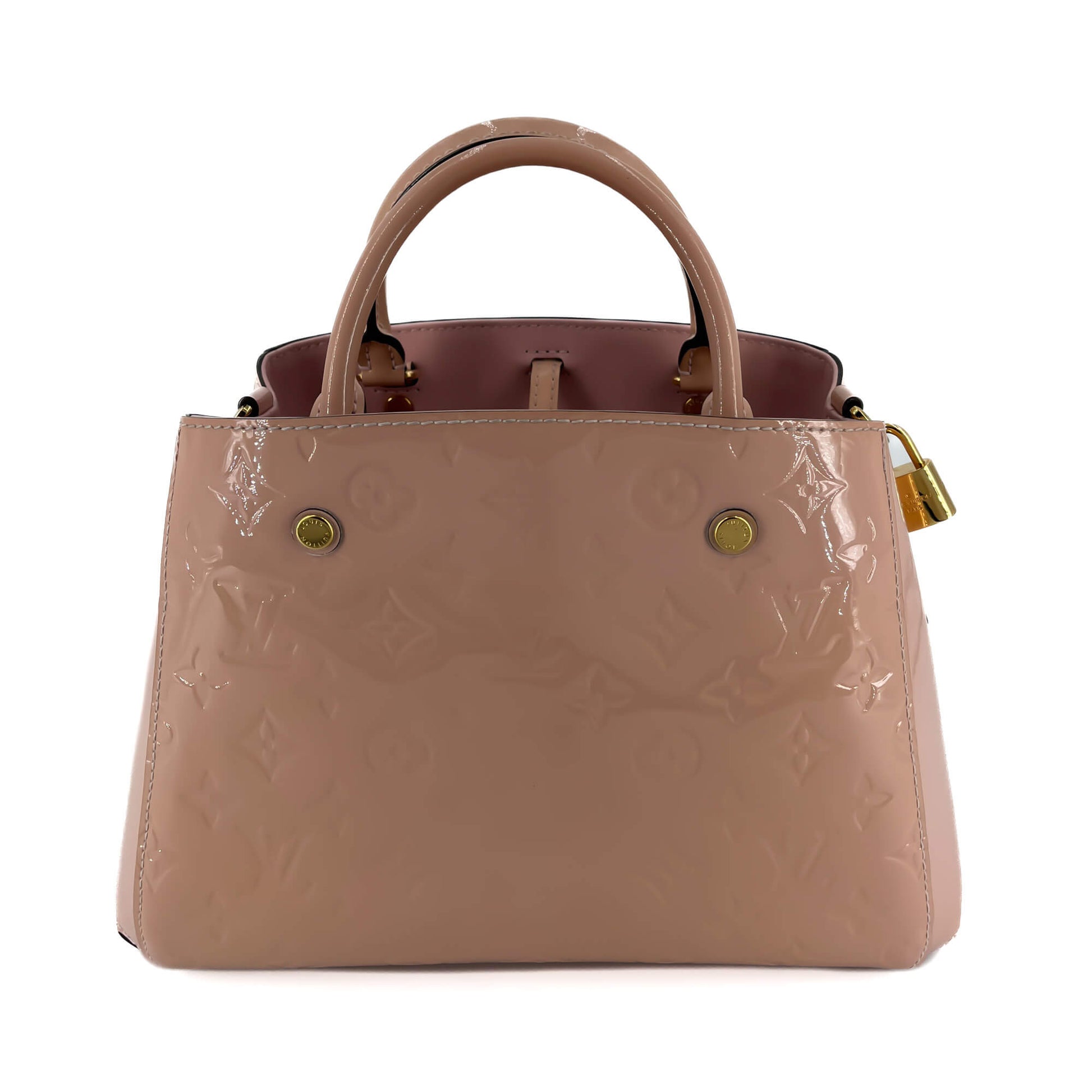 Second hand Louis Vuitton Montaigne BB Monogram Patent Leather Bag Pink Cipria - Tabita Bags