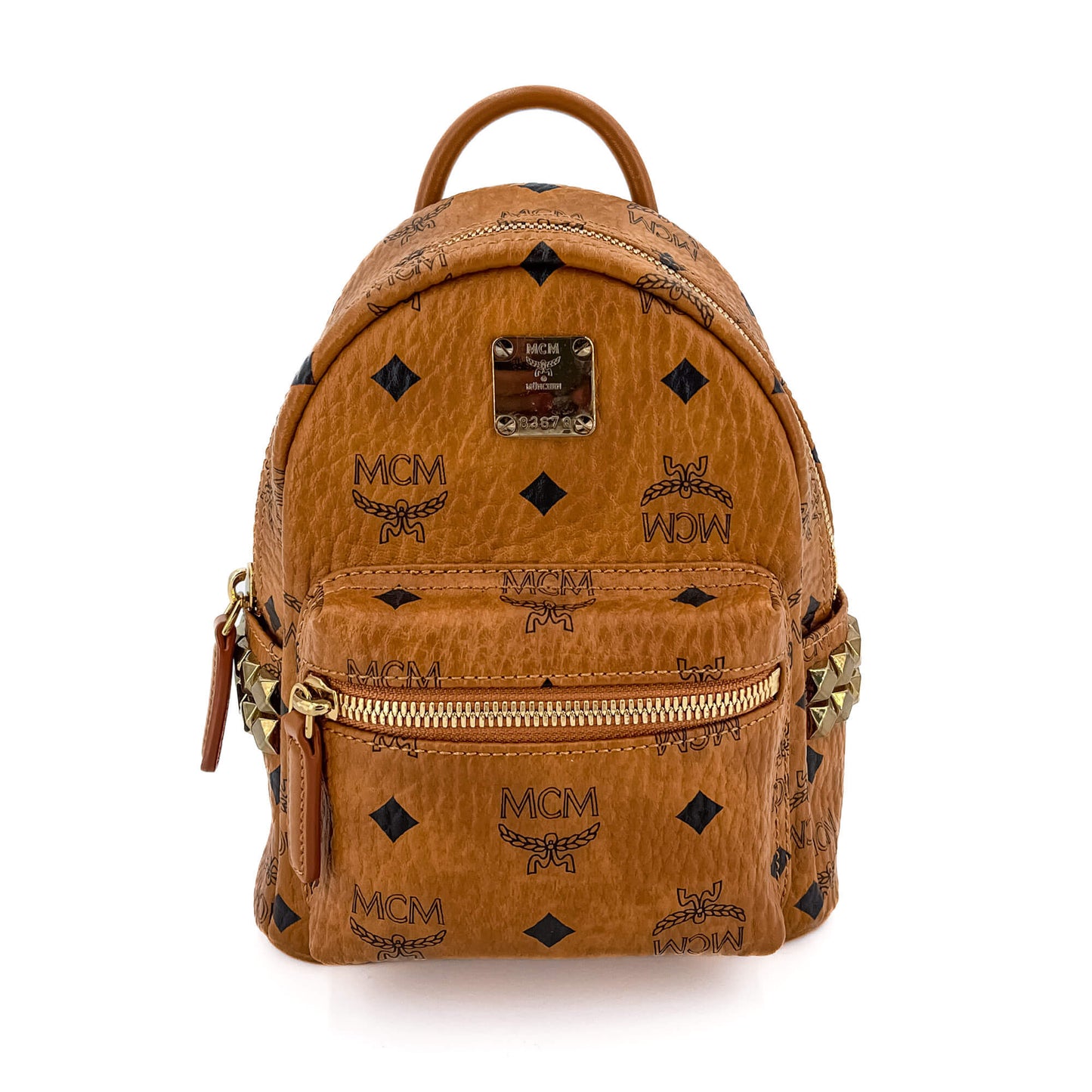 Second hand MCM X-Mini Stark Bebe Boo Side Studs Leather Backpack Cognac - Tabita Bags