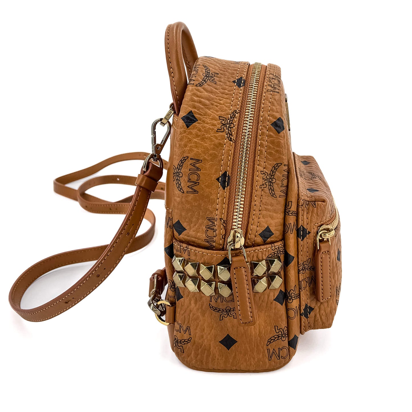 Second hand MCM X-Mini Stark Bebe Boo Side Studs Leather Backpack Cognac - Tabita Bags