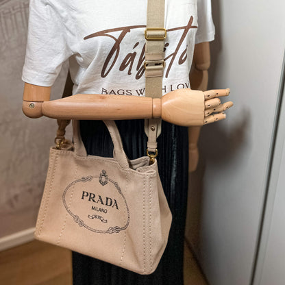 Second hand Prada 2-Way Canvas Tote Bag Beige - Tabita Bags