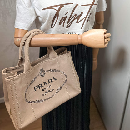 Second hand Prada 2-Way Canvas Tote Bag Beige - Tabita Bags