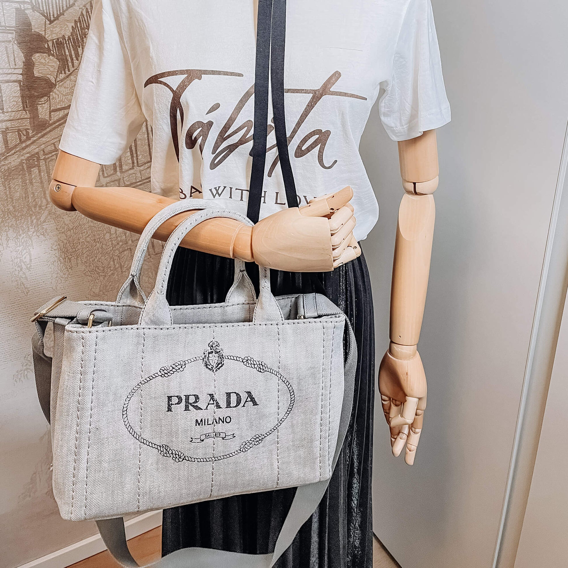 Second hand Prada 2-Way Denim Canvas Tote Bag Grey - Tabita Bags