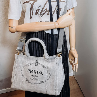 Second hand Prada 2-Way Denim Canvas Tote Bag Grey - Tabita Bags