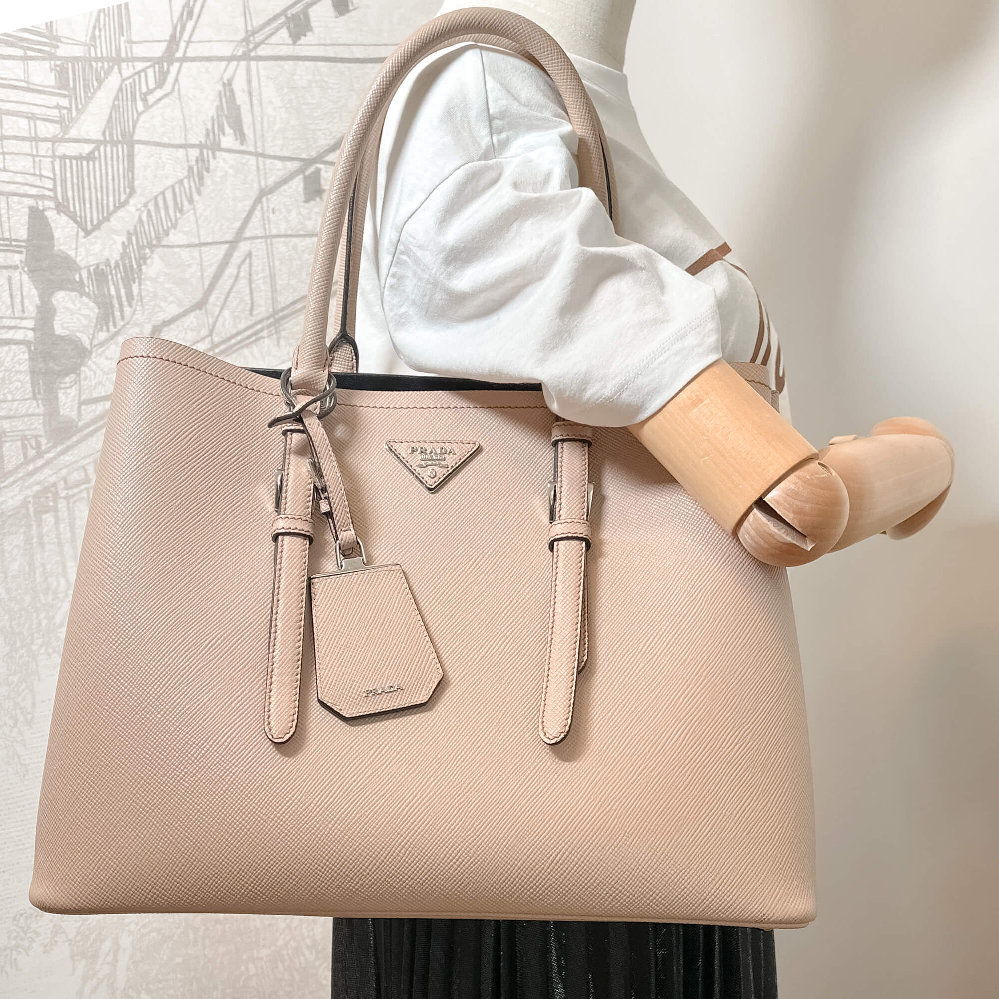 Prada Double Belted Strap Large Saffiano Leather 2 Way Beige Tote Tabita Bags Tabita Bags with Love