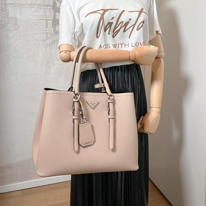 Second hand Prada Double Belted Strap Large Saffiano Leather 2-Way Beige Tote - Tabita Bags