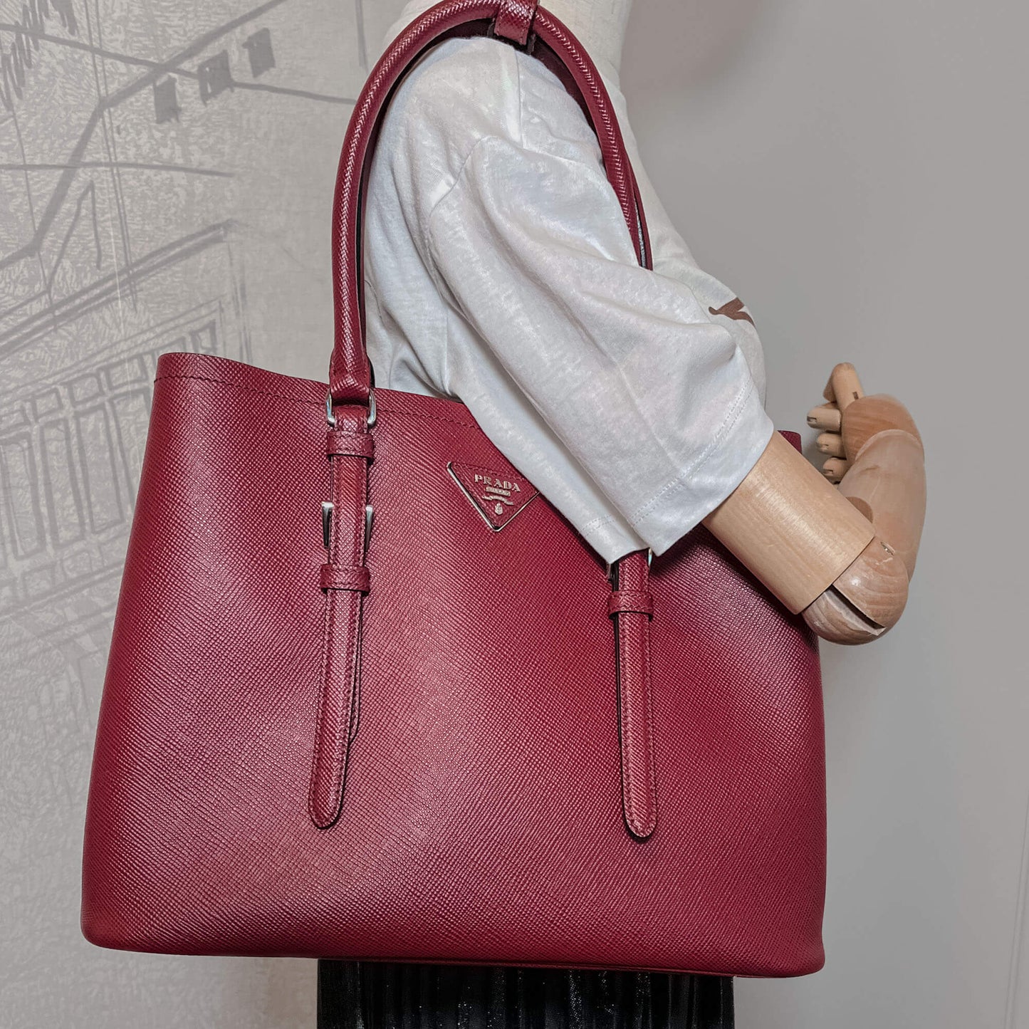 Second hand Prada Double Belted Strap Large Saffiano Leather 2-Way Bordeaux Tote - Tabita Bags