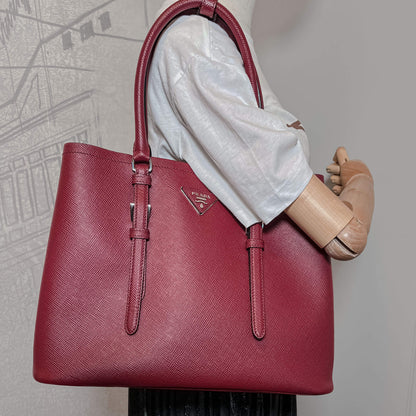 Second hand Prada Double Belted Strap Large Saffiano Leather 2-Way Bordeaux Tote - Tabita Bags