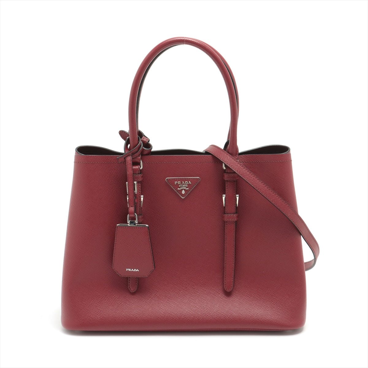 Second hand Prada Double Belted Strap Large Saffiano Leather 2-Way Bordeaux Tote - Tabita Bags