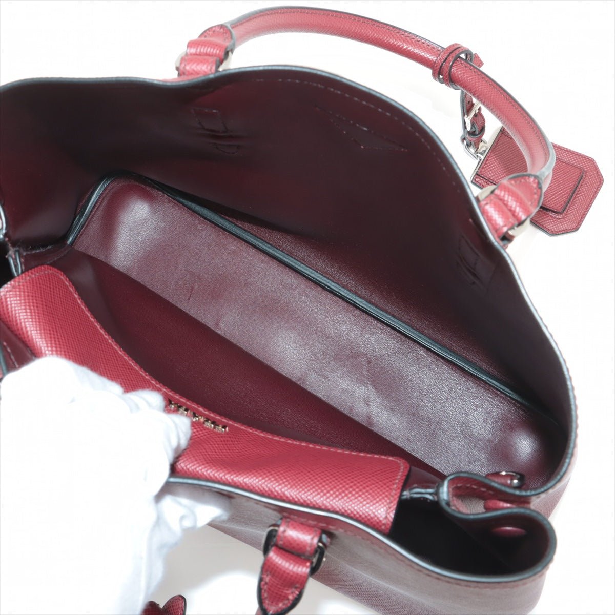 Second hand Prada Double Belted Strap Large Saffiano Leather 2-Way Bordeaux Tote - Tabita Bags