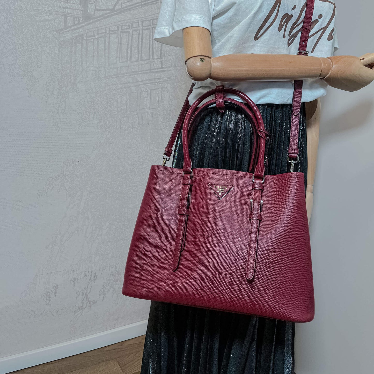 Second hand Prada Double Belted Strap Large Saffiano Leather 2-Way Bordeaux Tote - Tabita Bags