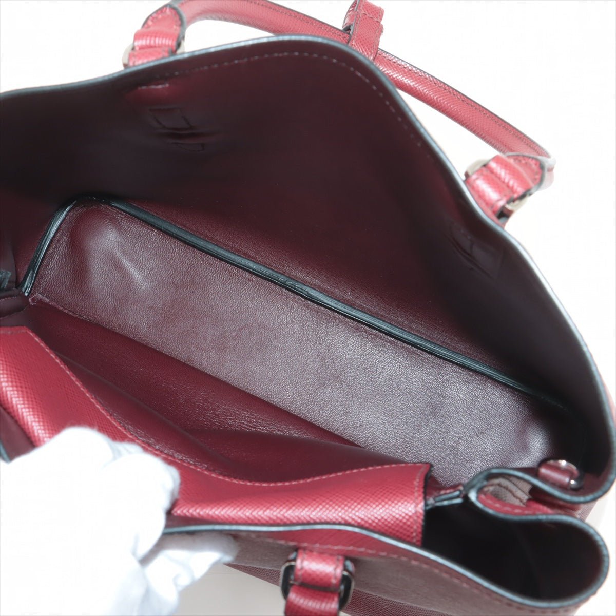 Second hand Prada Double Belted Strap Large Saffiano Leather 2-Way Bordeaux Tote - Tabita Bags