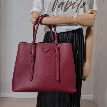 Second hand Prada Double Belted Strap Large Saffiano Leather 2-Way Bordeaux Tote - Tabita Bags