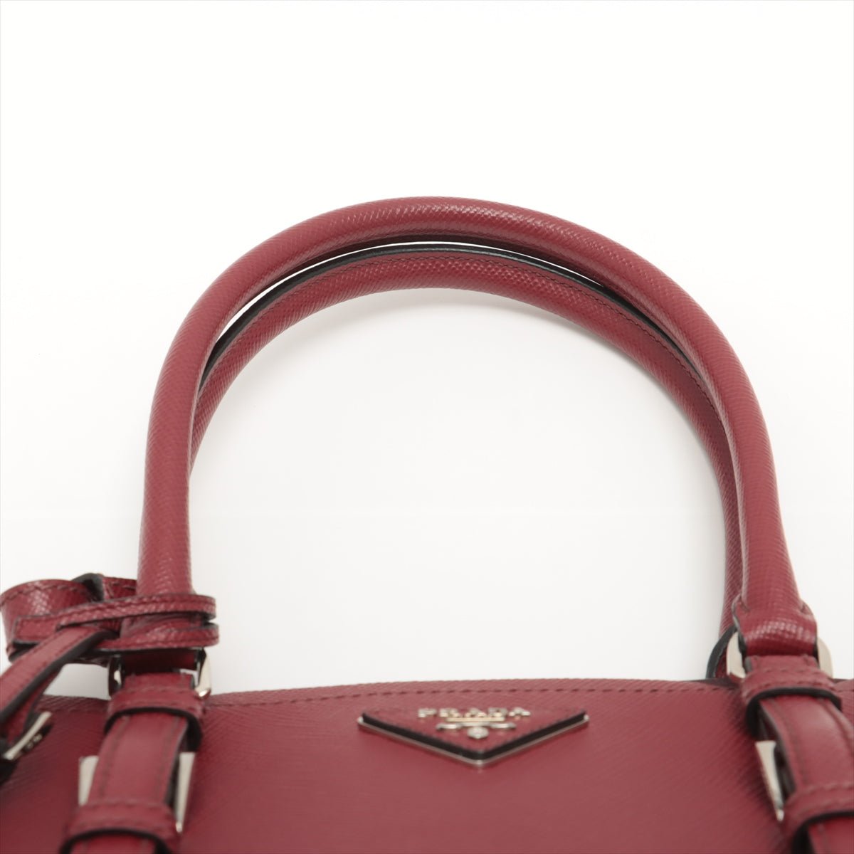 Second hand Prada Double Belted Strap Large Saffiano Leather 2-Way Bordeaux Tote - Tabita Bags