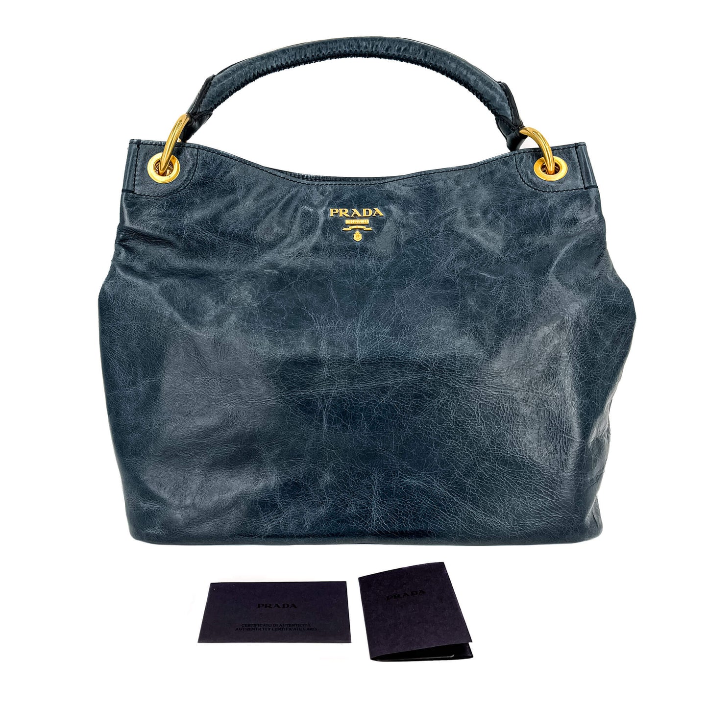 Second hand Prada Hobo Shoulder Bag Vitello Leather Blue - Tabita Bags