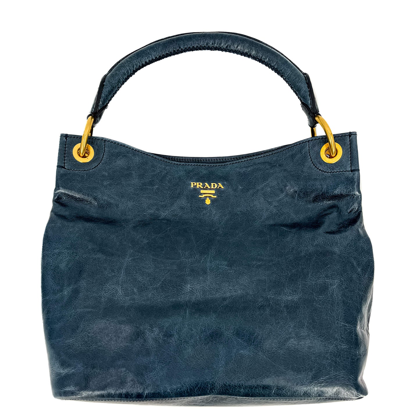 Second hand Prada Hobo Shoulder Bag Vitello Leather Blue - Tabita Bags