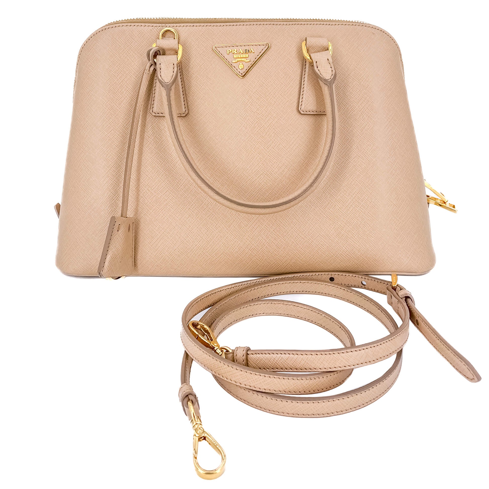 Second hand Prada Promenade Medium Saffiano Leather 2-Ways Frame Bag Beige - Tabita Bags