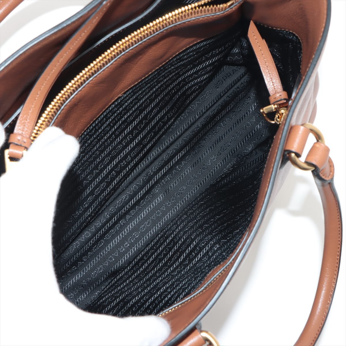 Prada Vitello Phenix Caramel Brown Leather Web Stripe Crossbody Bag New