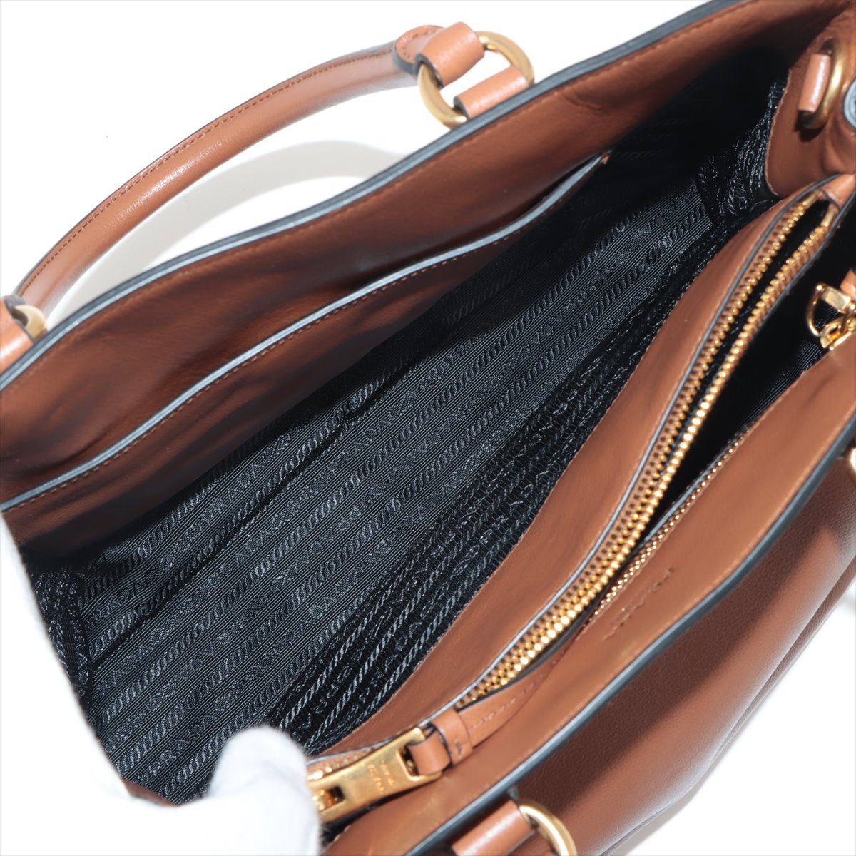 Prada Vitello Phenix Caramel Brown Leather Web Stripe Crossbody Bag New