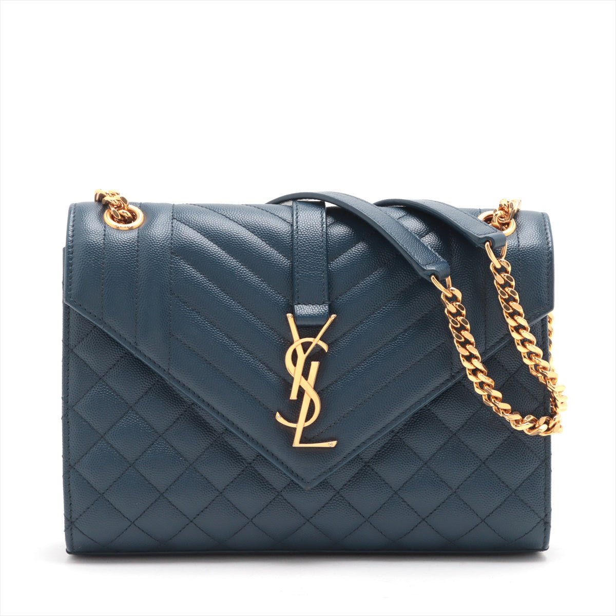 Second hand Saint Laurent Envelope Medium Embossed Grained Leather 2-Ways Envelope Bag Navy - Tabita Bags