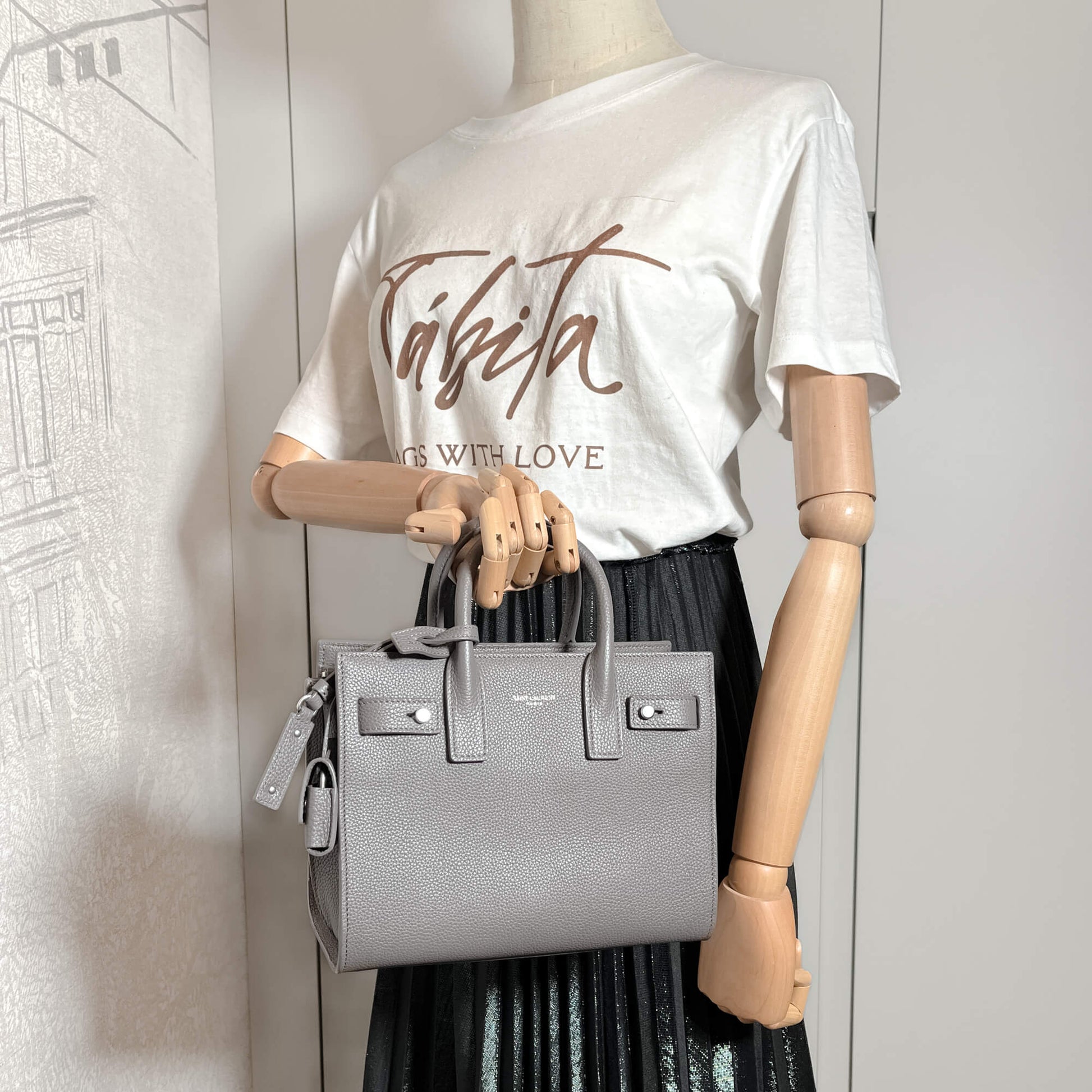 Second hand Saint Laurent Sac De Jour Baby Grained Leather 2-Ways Tote Bag Grey - Tabita Bags