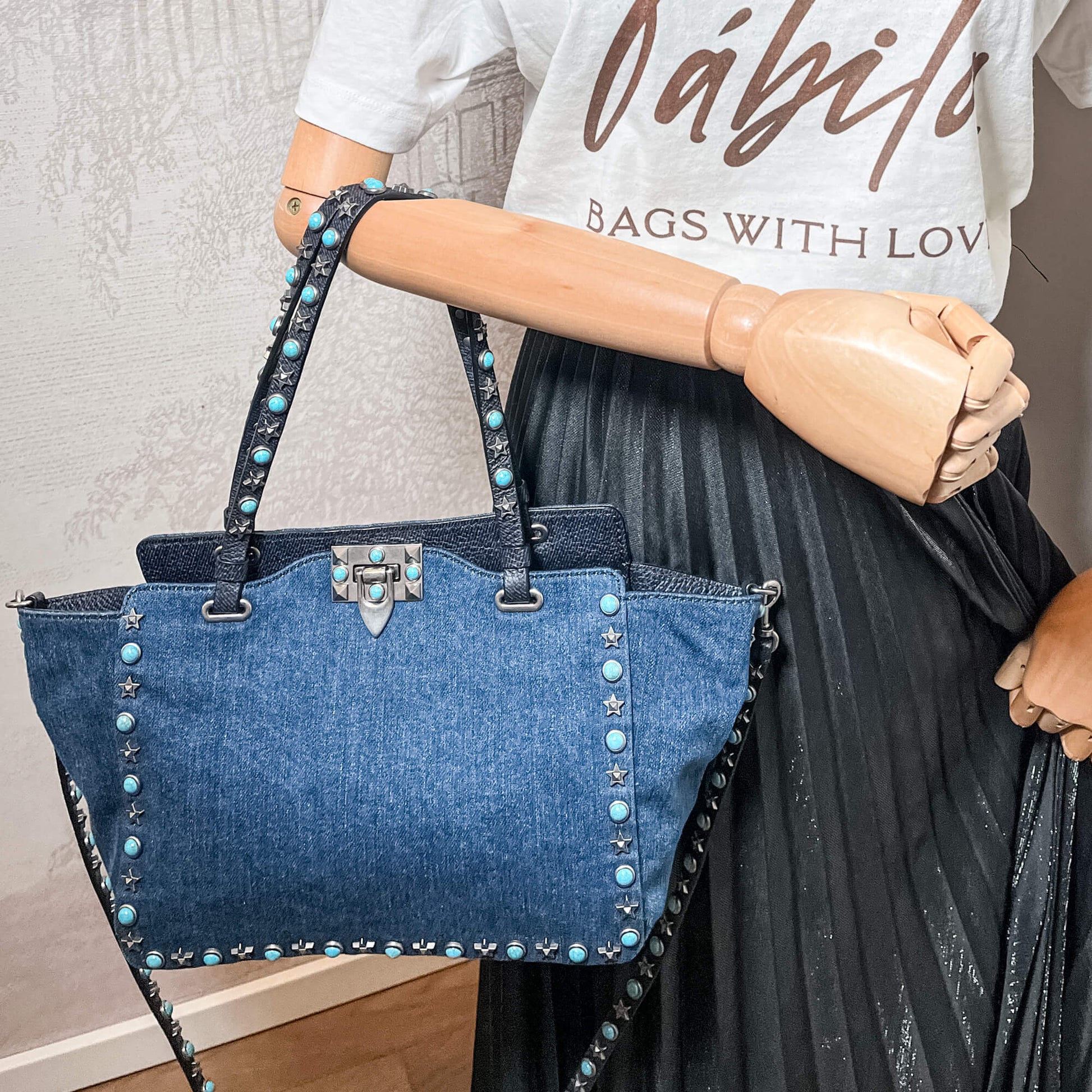 Second hand Valentino Garavani Rockstud 2-Way Denim & Leather Blue Tote - Tabita Bags