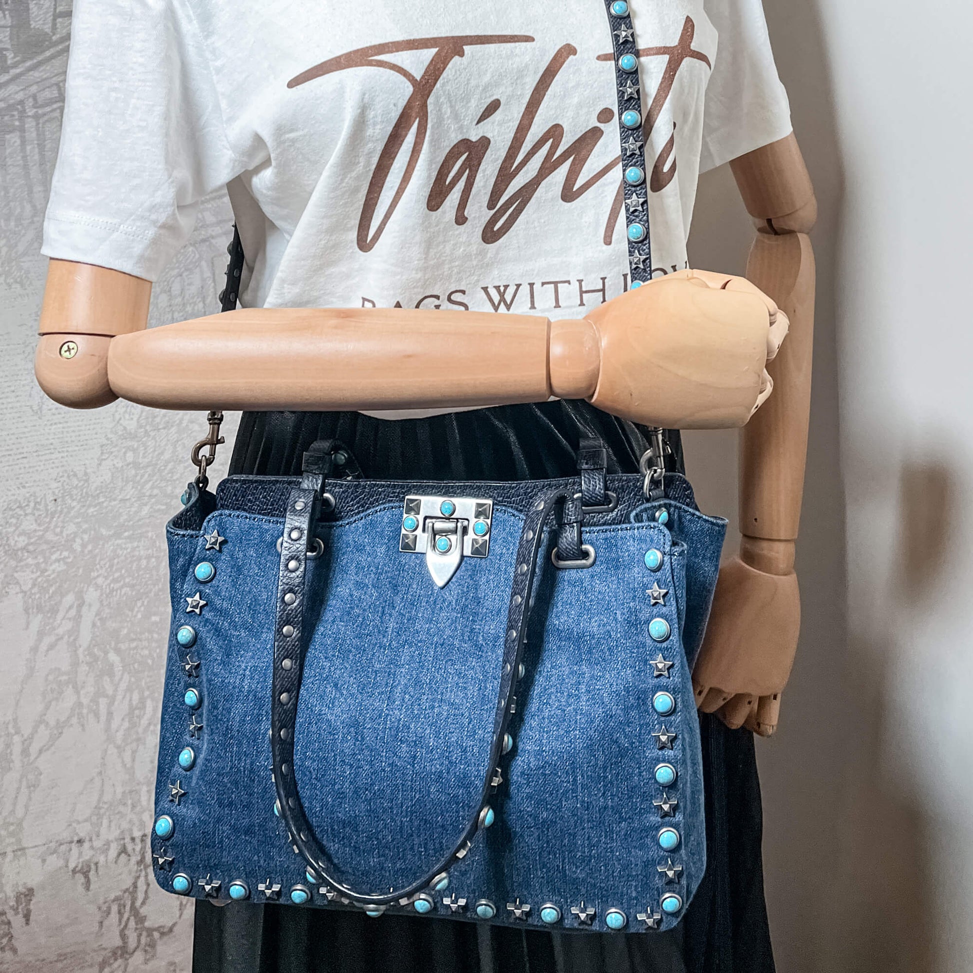 Second hand Valentino Garavani Rockstud 2-Way Denim & Leather Blue Tote - Tabita Bags