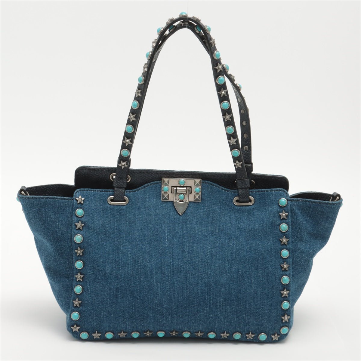 Second hand Valentino Garavani Rockstud 2-Way Denim & Leather Blue Tote - Tabita Bags