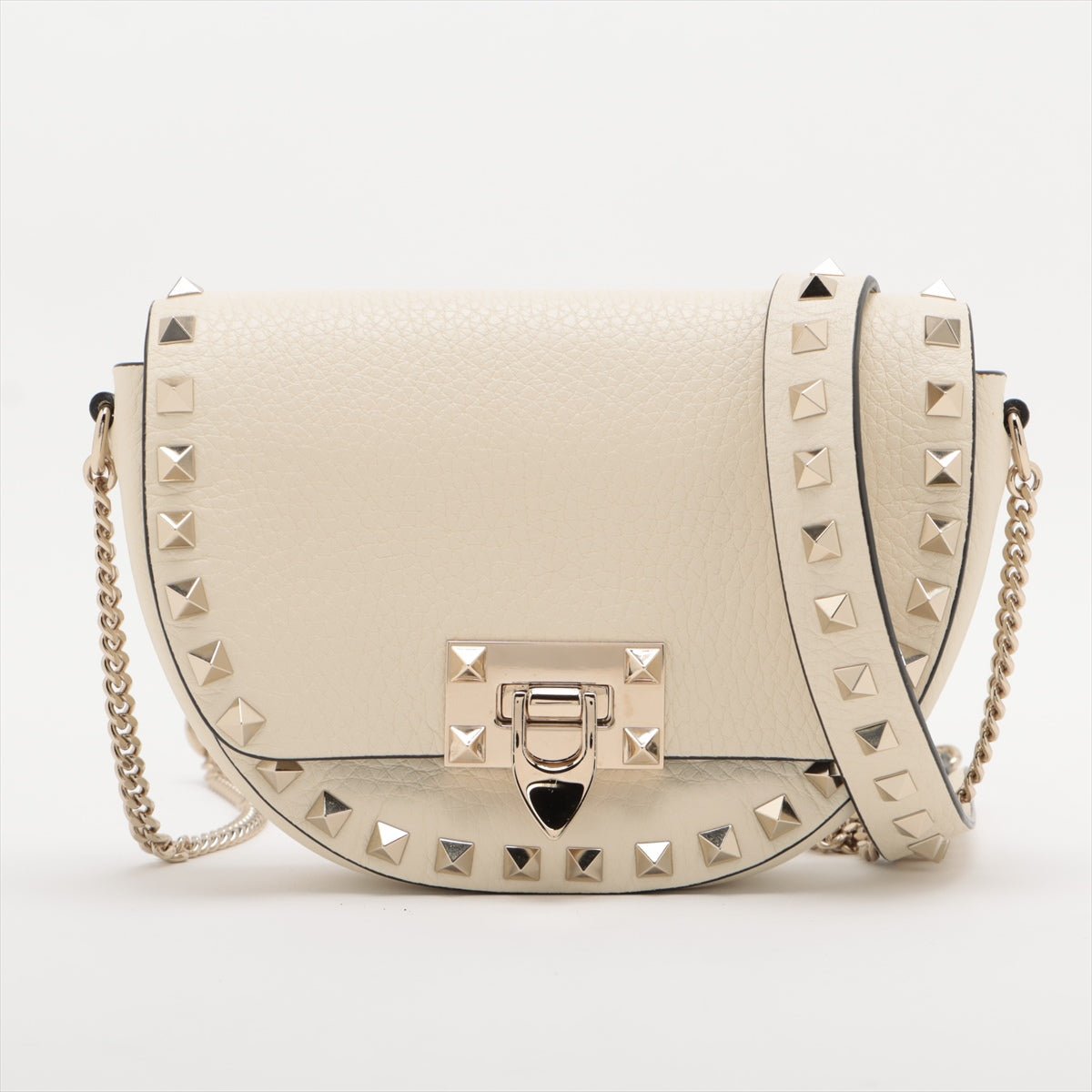 Second hand Valentino Garavani Rockstuds Leather Saddle Bag Beige - Tabita Bags