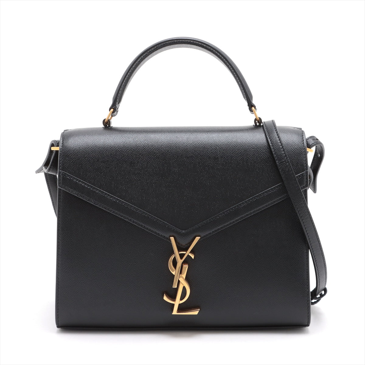Second hand Yves Saint Laurent Cassandra Medium Grain De Poudre Embossed Leather 2-Way Top Handle Bag Black - Tabita Bags