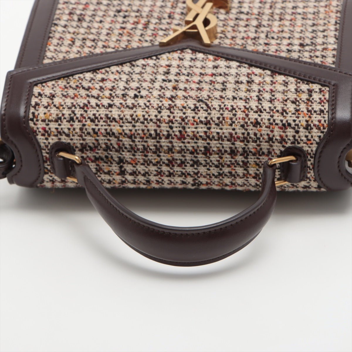 Second hand Yves Saint Laurent Cassandra Mini Tweed and Leather 2-Way Bag Brown - Tabita Bags