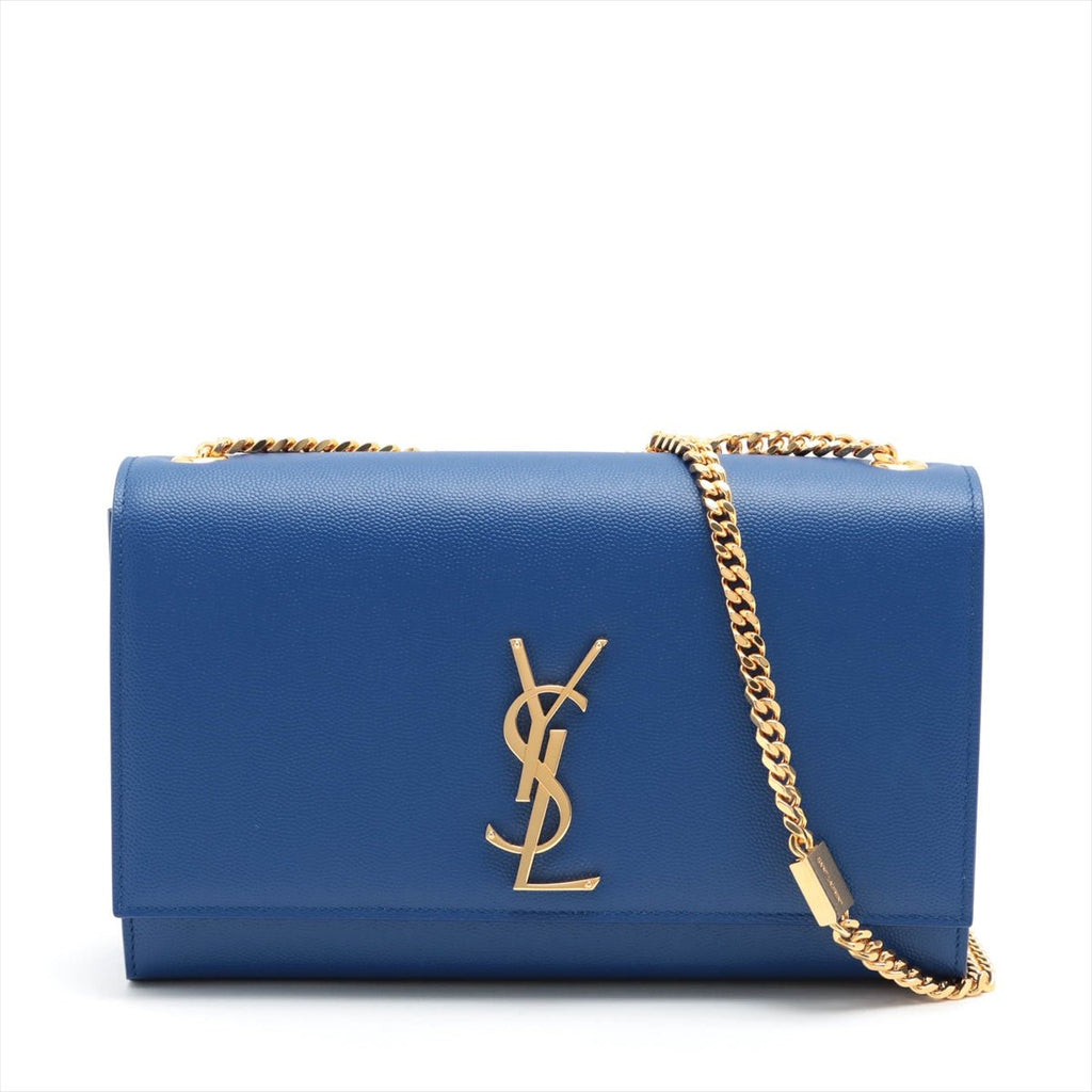 Second hand Yves Saint Laurent Kate Medium Grain de Poudre Leather Blue 2-Way Flap Bag - Tabita Bags