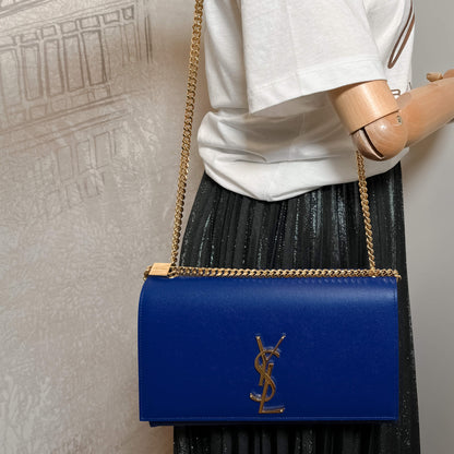 Second hand Yves Saint Laurent Kate Medium Grain de Poudre Leather Blue 2-Way Flap Bag - Tabita Bags